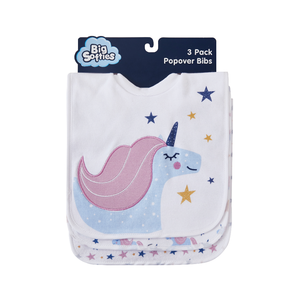 Big Softies 3 Pack Popover Bibs - Unicorn