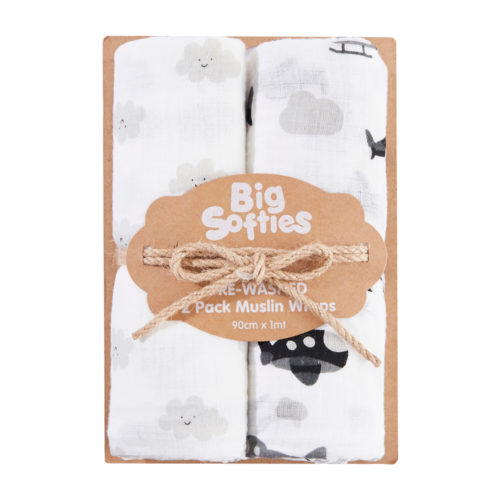 Big Softies 2 Pack Pre-washed Muslin Wraps - Cloud
