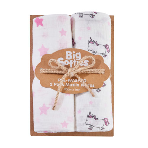 Big Softies 2 Pack Pre-washed Muslin Wraps - Unicorn